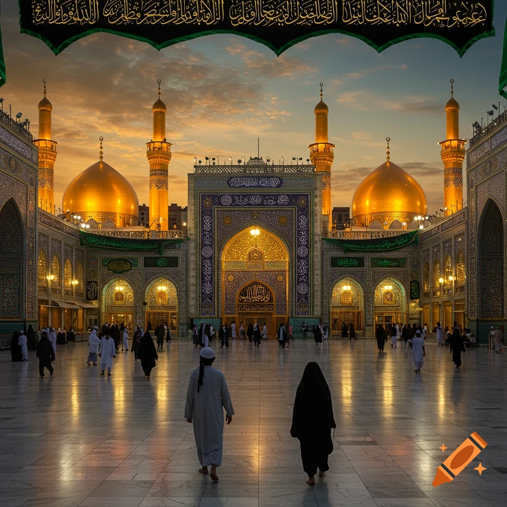 Photorealistic image of a grand mosque with golden domes and minarets at sunset, with intricate tilework and people walking in the courtyard.