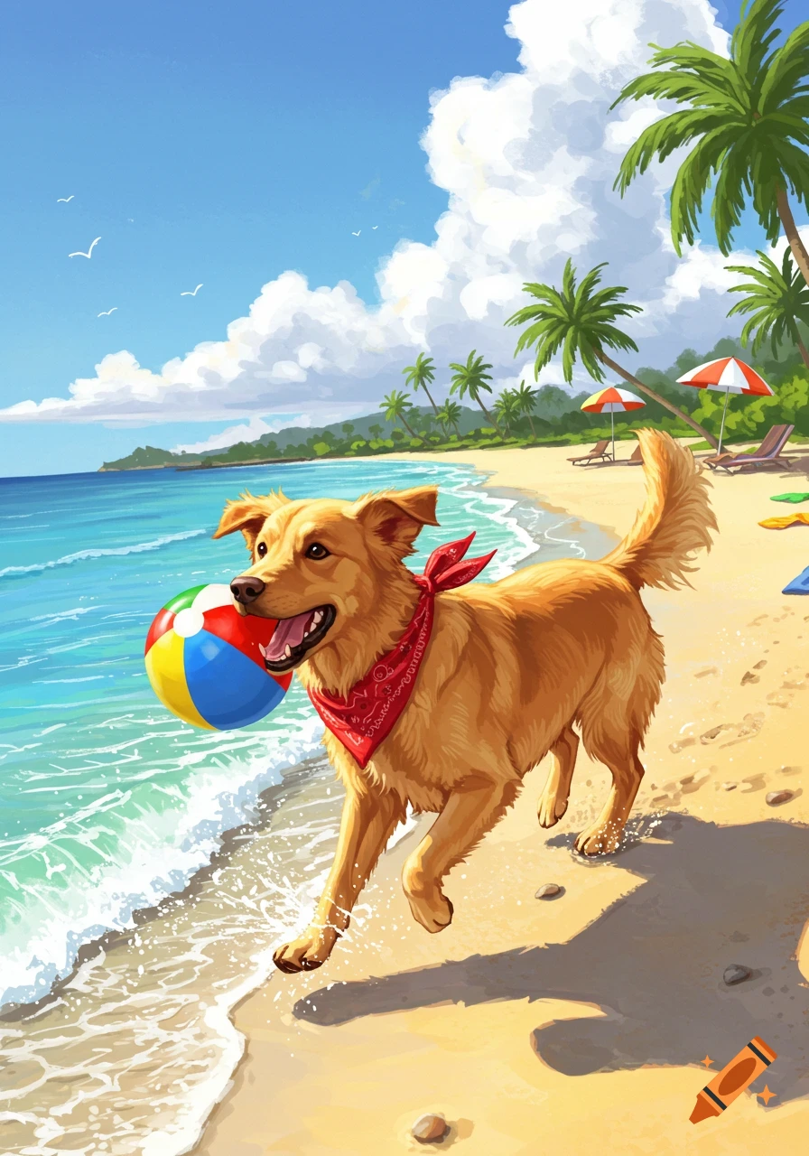 Illustrated golden retriever dog with a red bandana runs on a sunny tropical beach, holding a colorful beach ball.