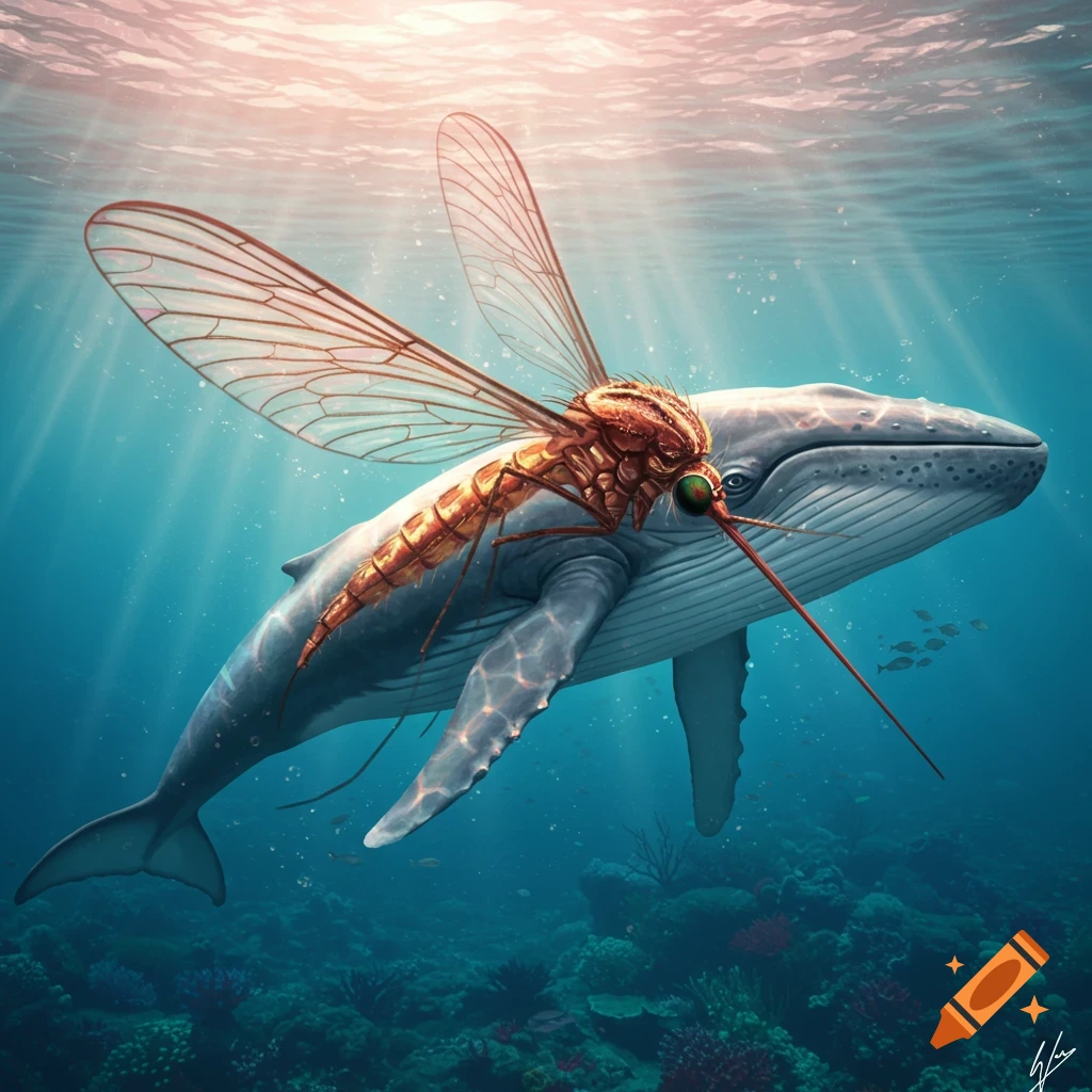 A massive mosquito-like insect with transparent wings rides on the back of a blue whale, swimming underwater with sunlight from above.