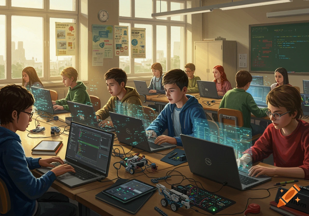 A group of pupils, around fourteen years old, in a brightly lit computer science classroom, intently working on laptops and electronics. Digital code glows around some screens, and posters with indistinct text adorn the walls. The scene is rendered in a realistic, illustrative style.