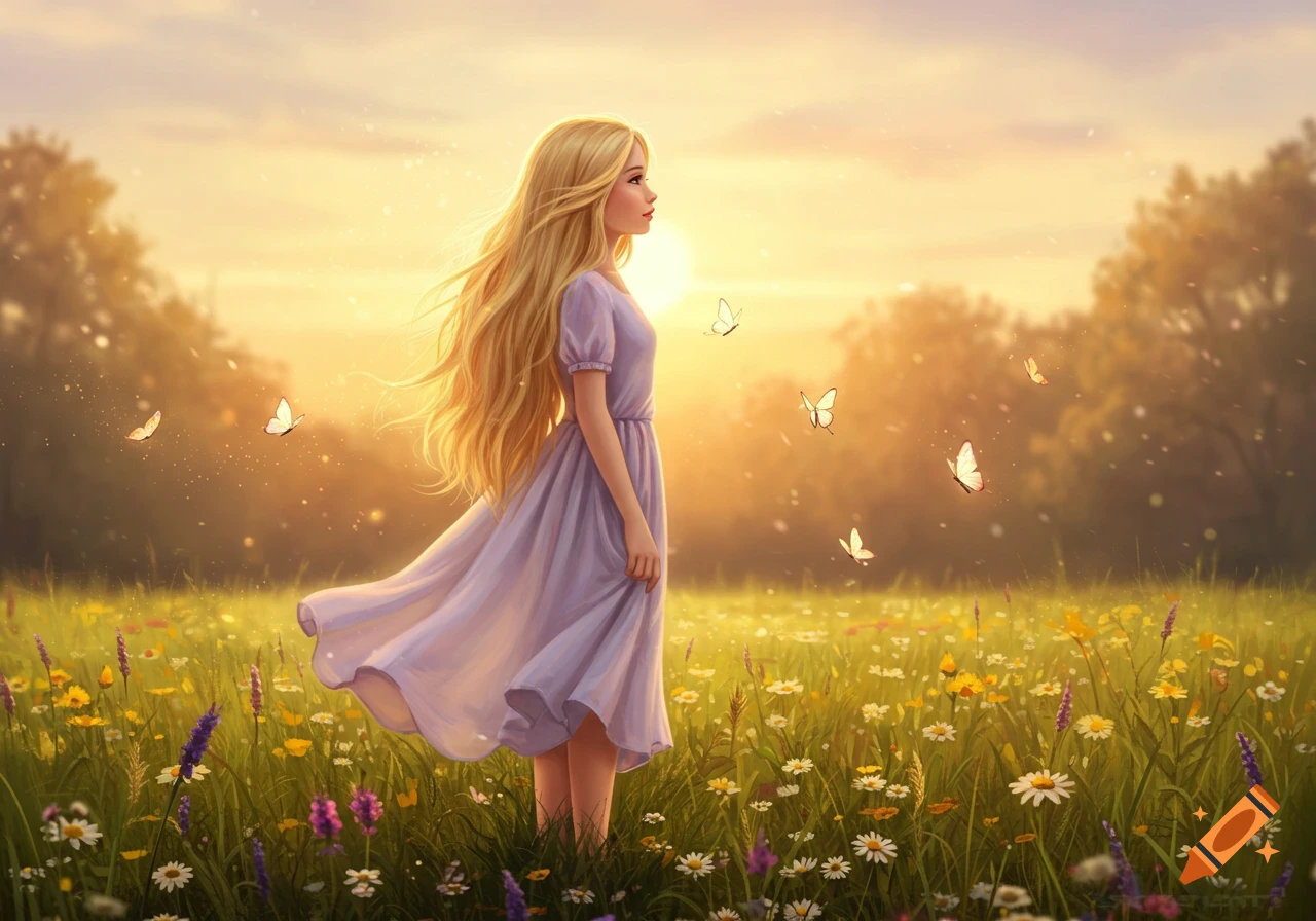 A blonde girl in a lavender dress stands in a vibrant flower field at sunset, surrounded by butterflies.