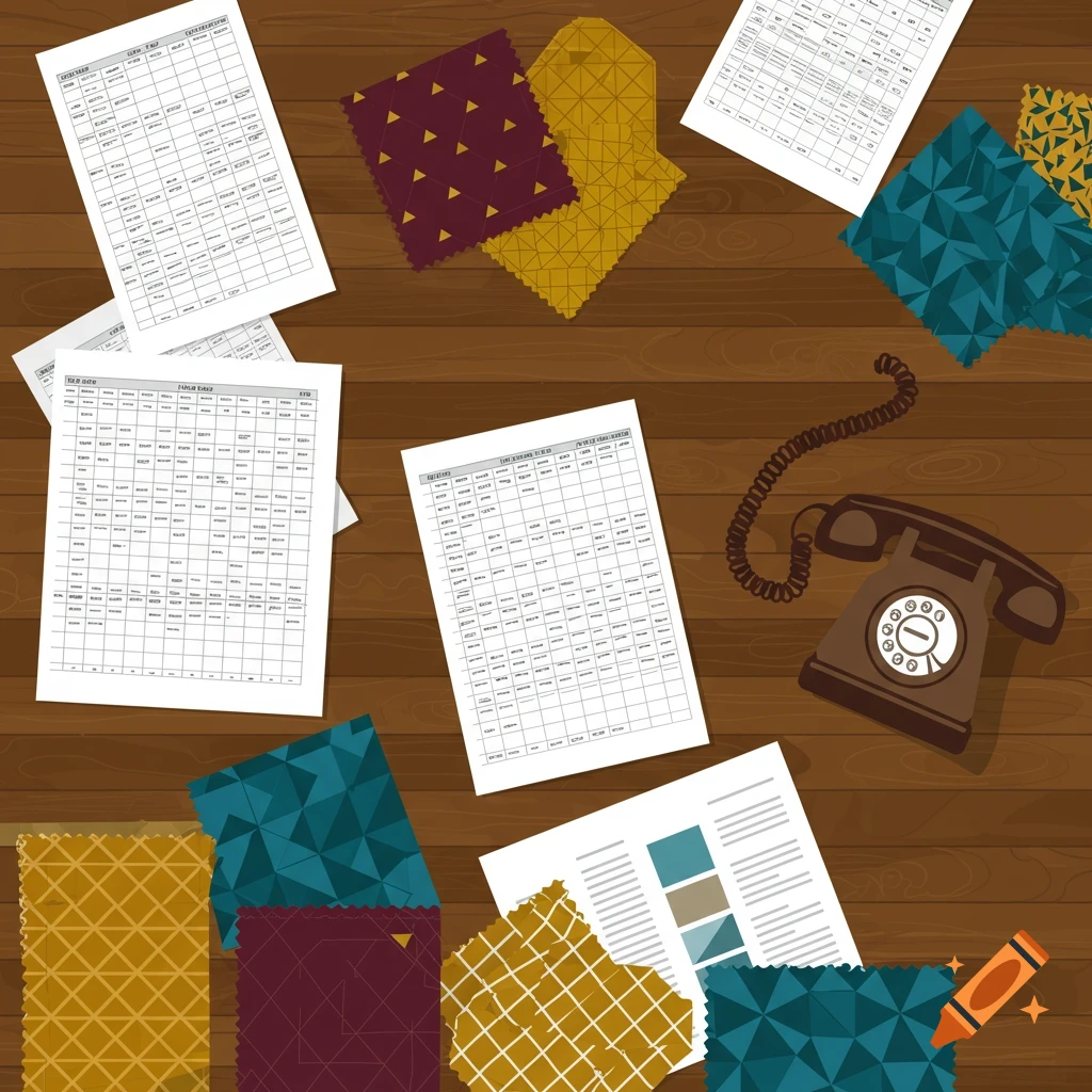 Overhead view of scattered spreadsheets, fabric swatches with patterns, and a vintage brown rotary telephone on a wooden surface.