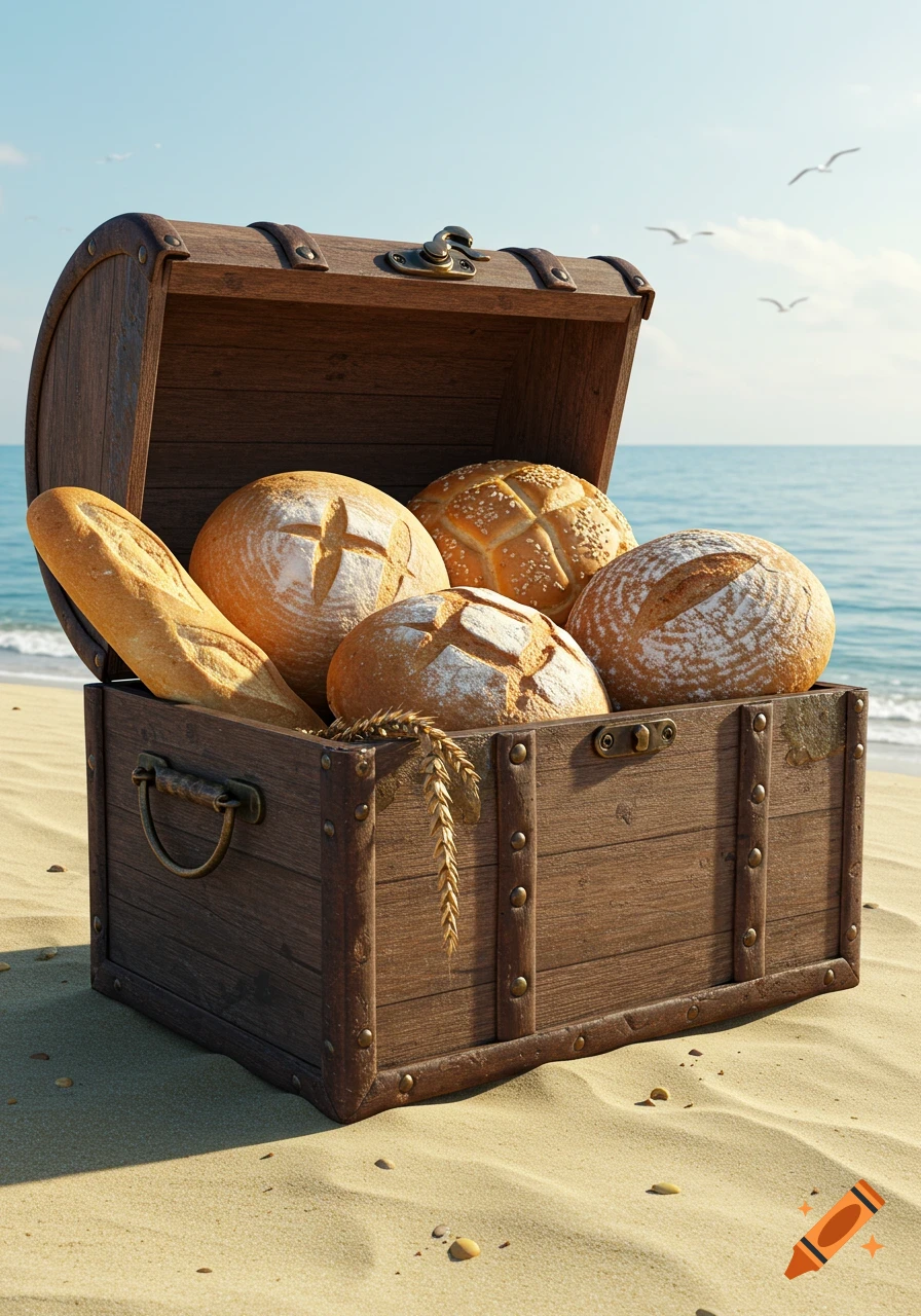 An open wooden treasure chest filled with artisan bread sits on a sandy beach by the ocean under a clear sky, photorealistic style.