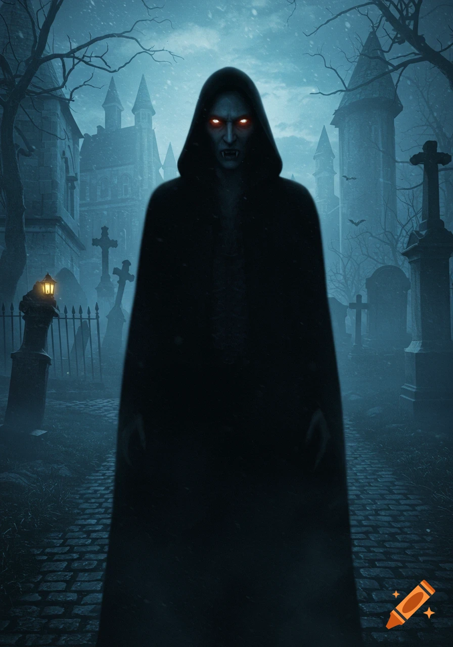 A cloaked vampire with glowing red eyes and fangs stands in a misty, snowy graveyard with gothic buildings in the background. Dark fantasy art.