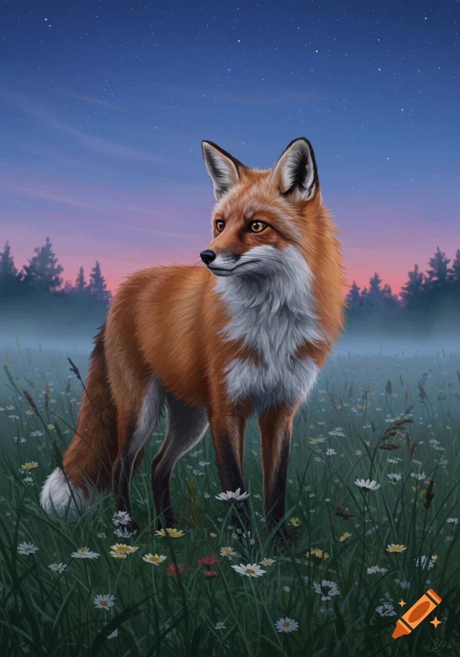 A red fox stands in a field of wildflowers under a starry twilight sky, looking left. Painterly style.