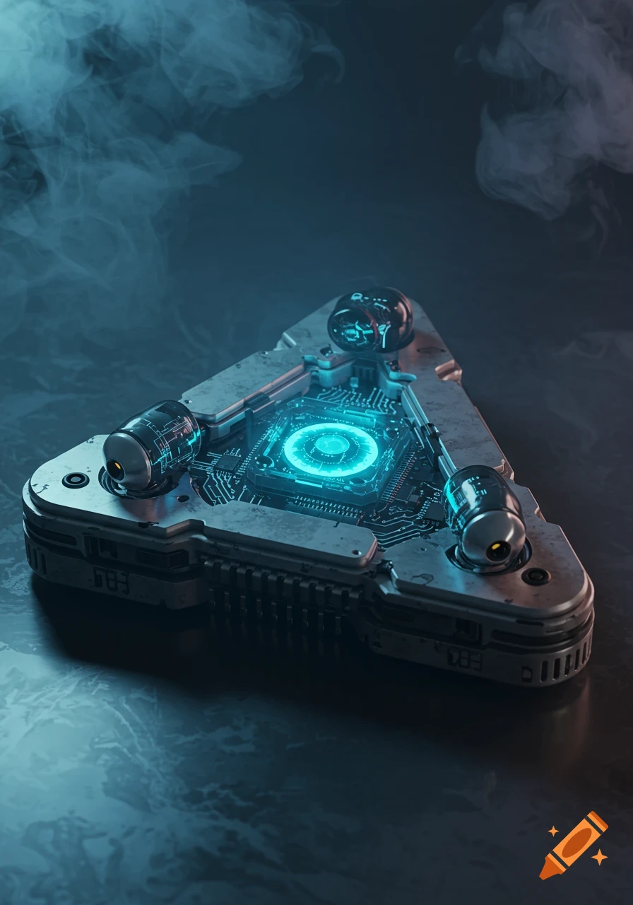 A futuristic, triangular device with a glowing blue core and circuits, surrounded by blue smoke.