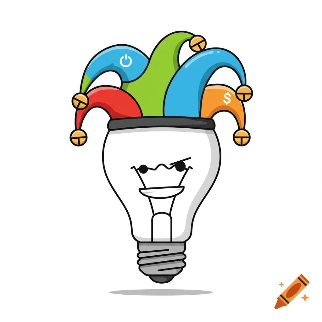 A cartoon lightbulb character with an angry or clever expression, wearing a colorful jester hat. The hat bells feature a power symbol and a dollar sign icon.
