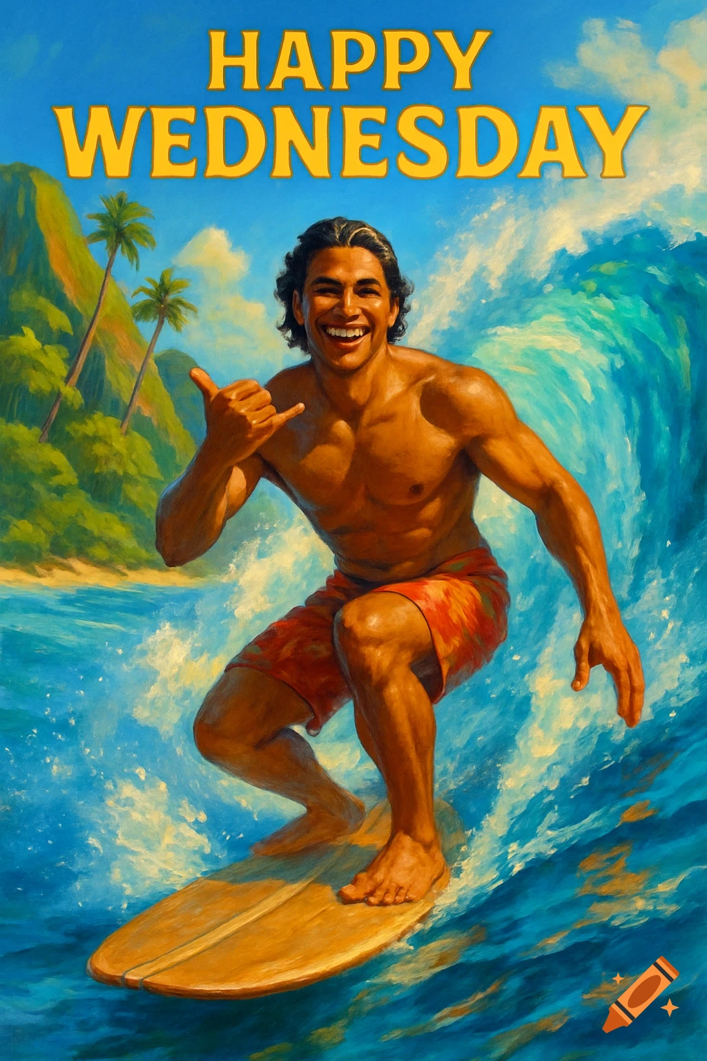 A smiling male surfer on a wave at a tropical beach, making a shaka sign, with 'HAPPY WEDNESDAY' text, in a painterly style.
