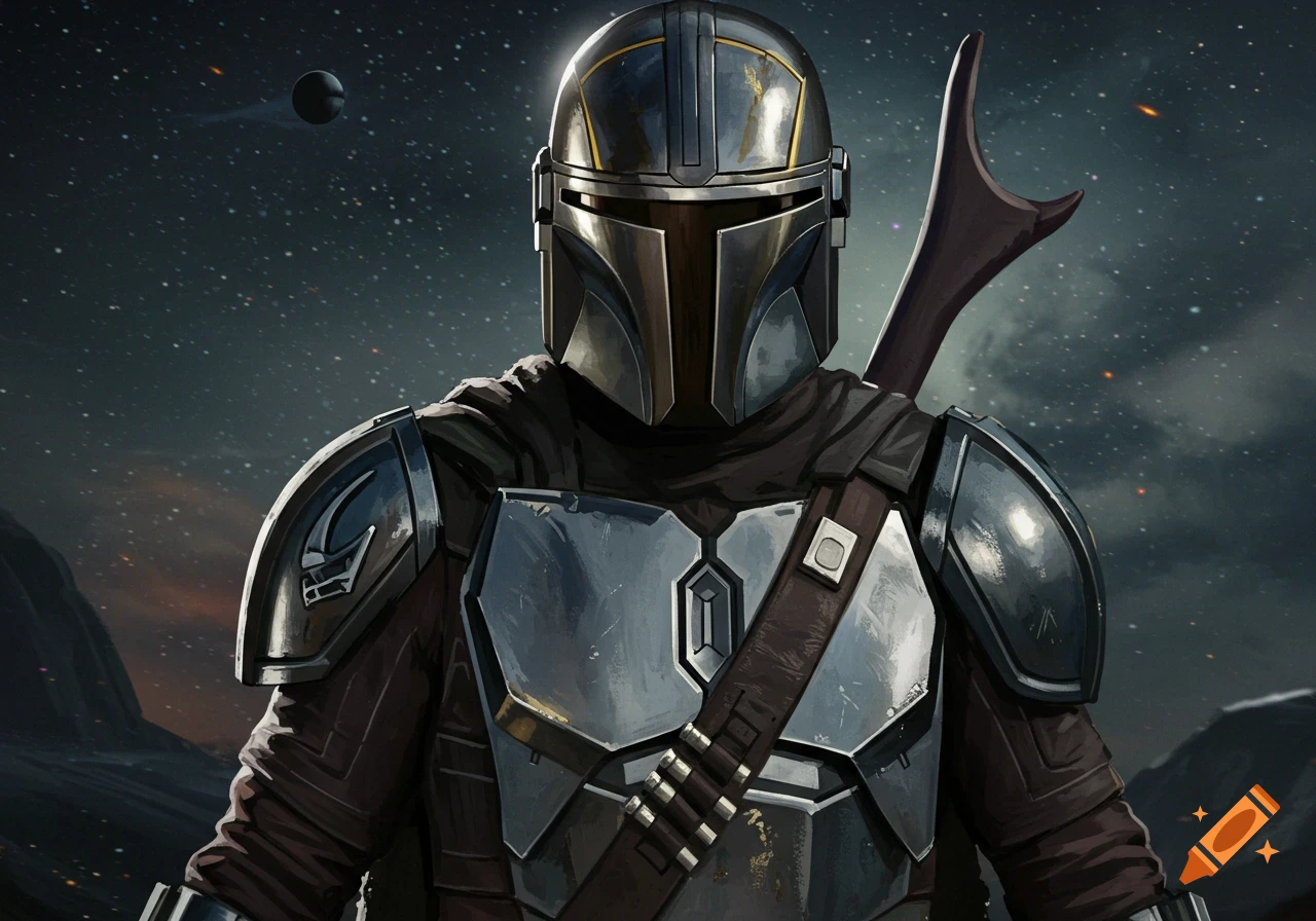 The Mandalorian in metallic armor with a rifle on his back, against a dark, starry cosmic background.