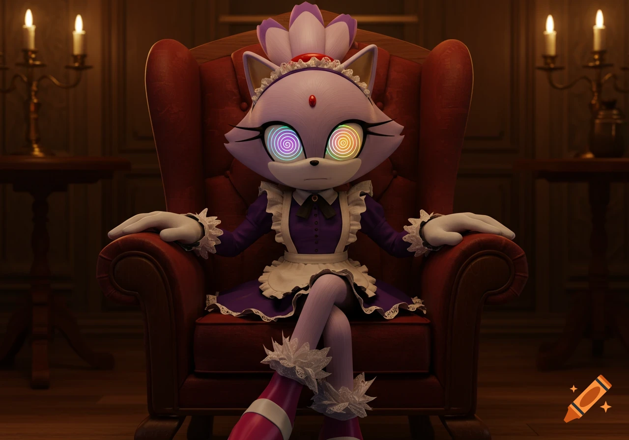 Blaze the Cat in a purple maid outfit with spiral, hypnotized eyes sits on a red armchair in a dimly lit room.