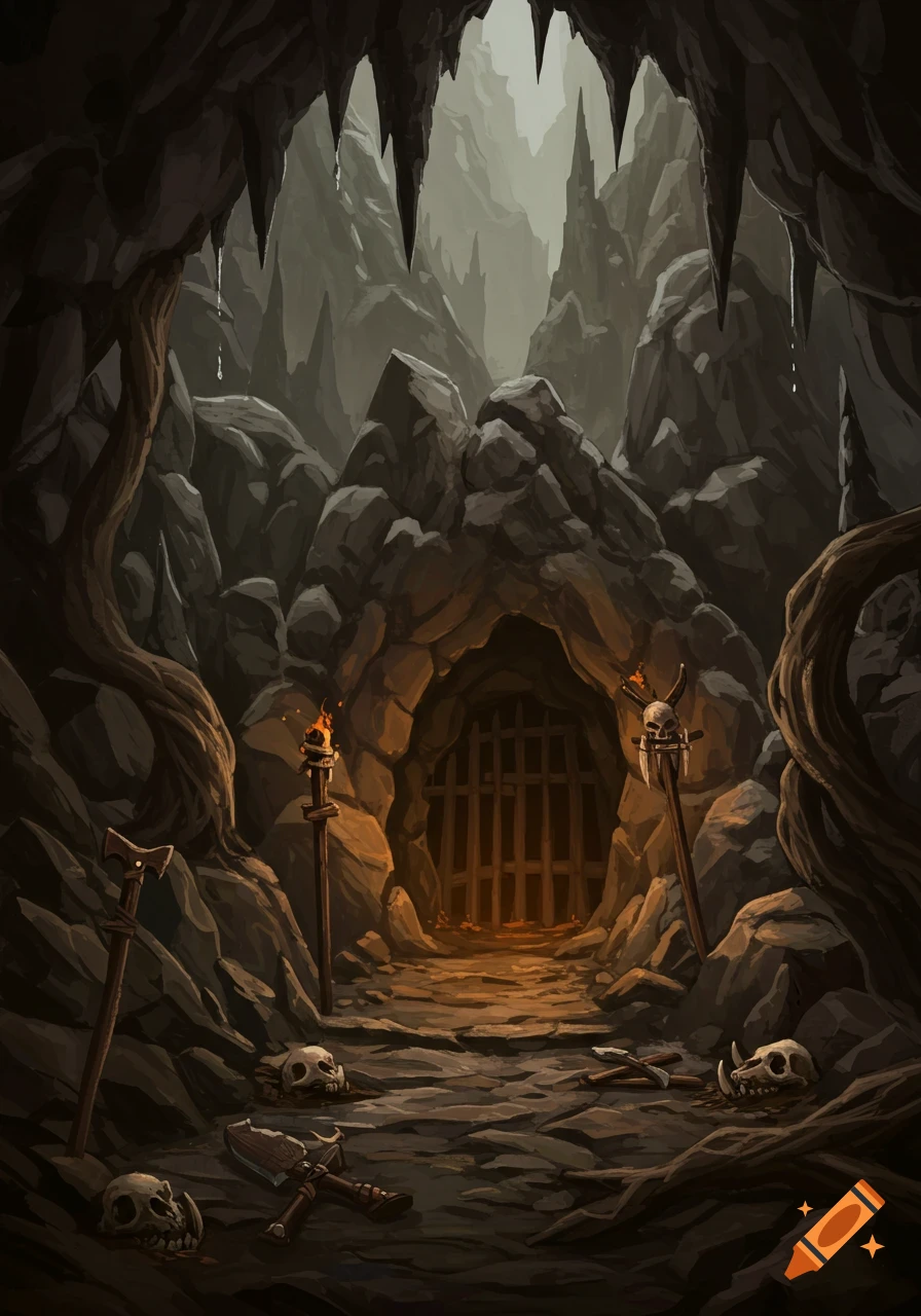 A dark, stylized illustration of an ominous cave entrance, or ogre lair, with torches, skulls, and weapons scattered on the ground leading to a barred gate.