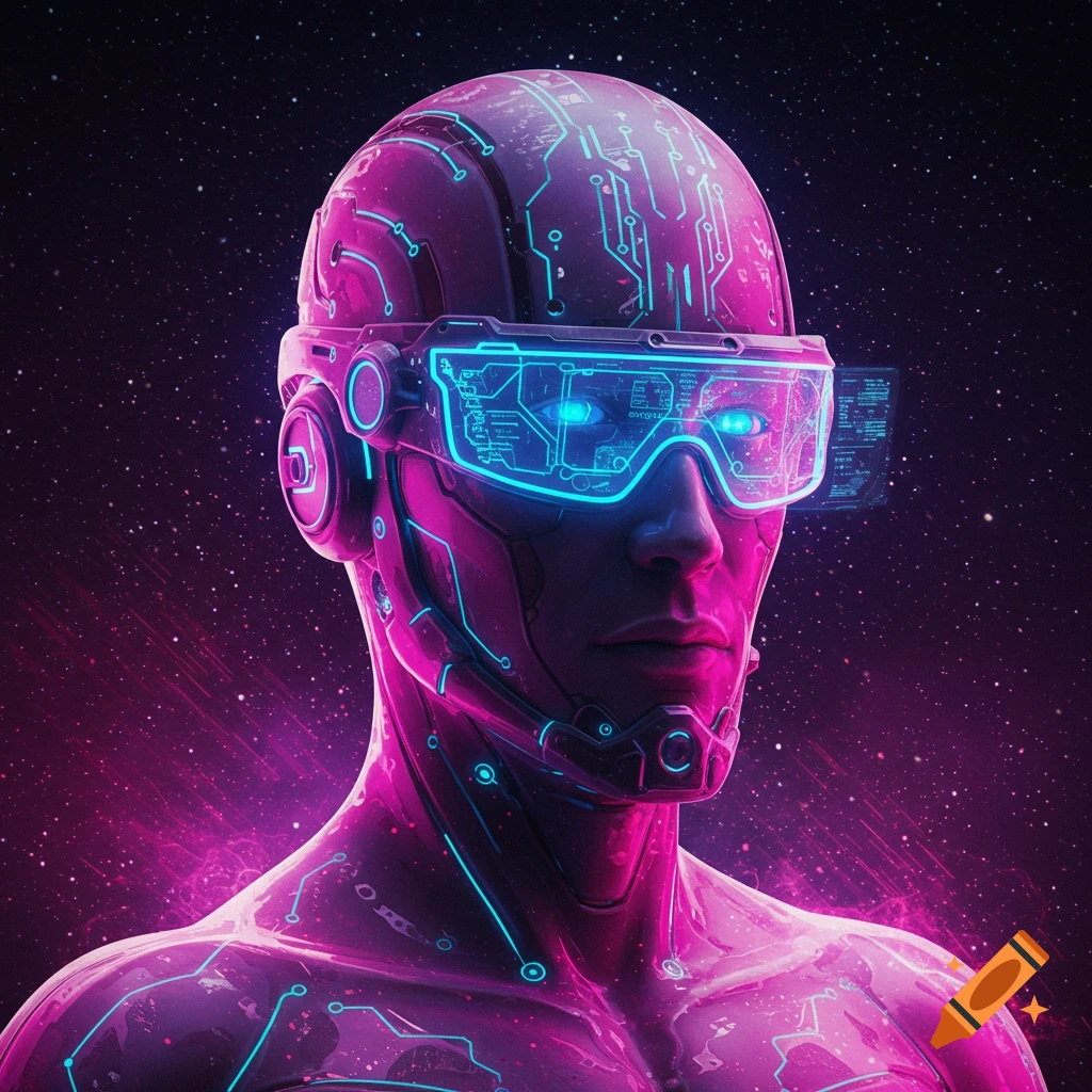 Cyberpunk male figure with glowing neon circuit patterns and a high-tech visor displaying data, set against a starry space background.
