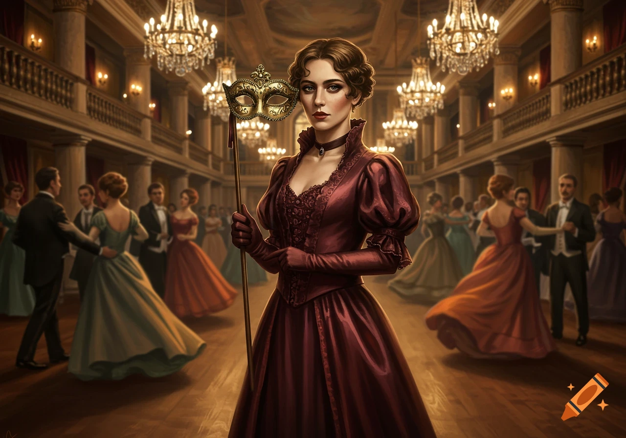 Elegant woman in a burgundy gown and gloves holds a golden masquerade mask on a stick, standing in a lavish ballroom filled with dancing couples; painted style.
