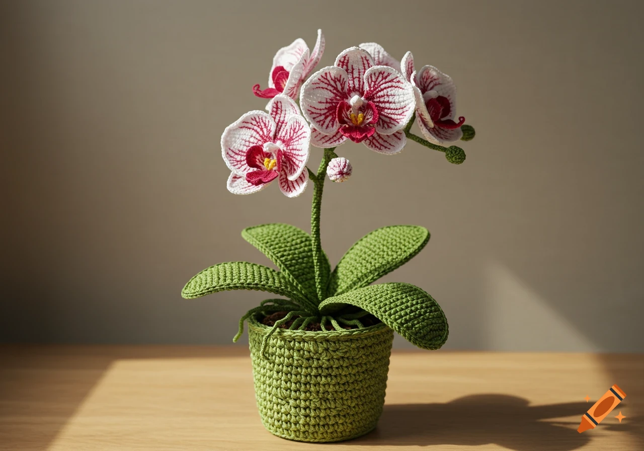 A realistic crochet orchid plant with white and red patterned flowers and green leaves in a green crochet pot, on a wooden surface.