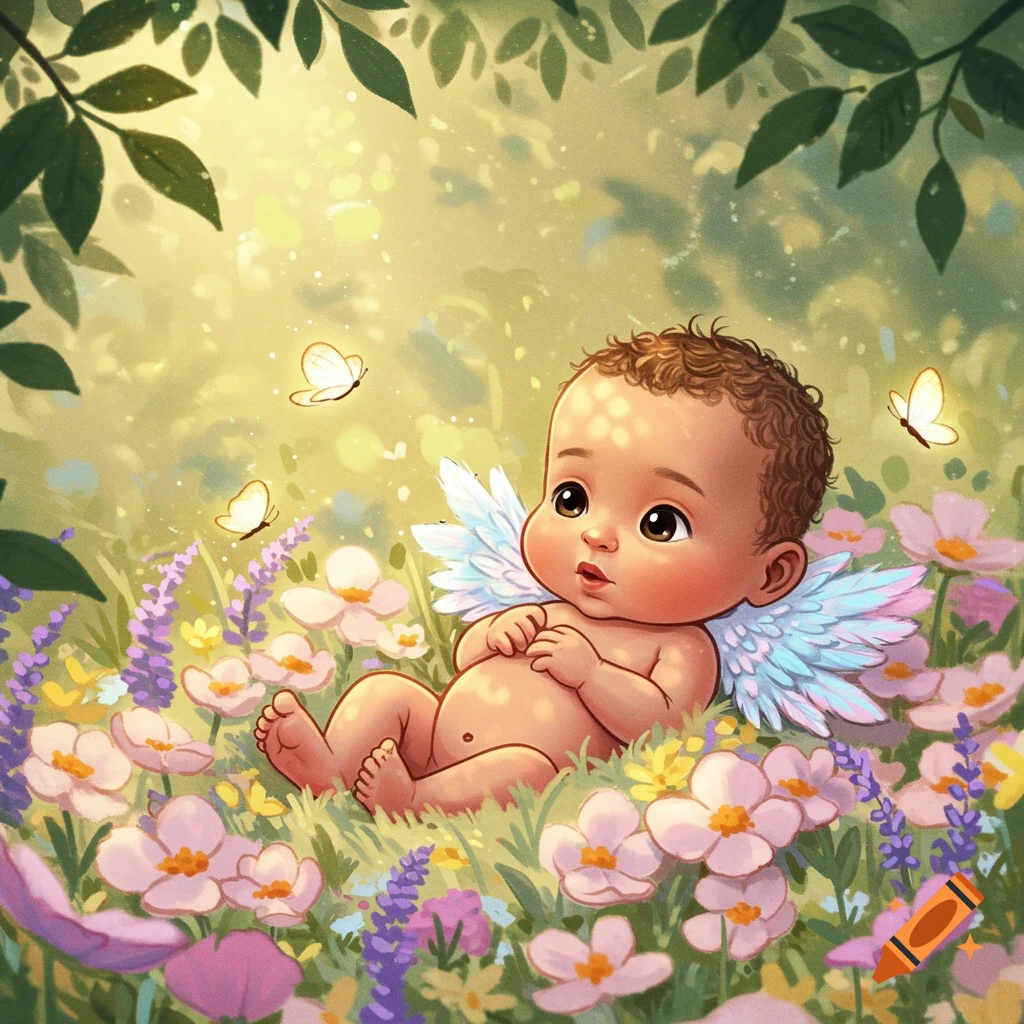 Cute cartoon baby with small wings lying in a field of colorful flowers with butterflies under dappled sunlight.