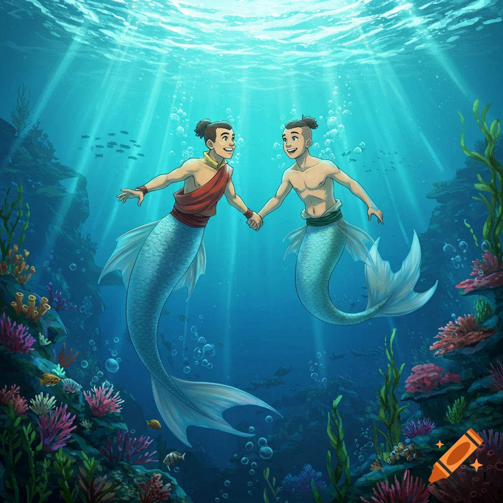 Cartoon mermen Aang and Sokka hold hands underwater, surrounded by vibrant coral and fish as sunlight beams from above.