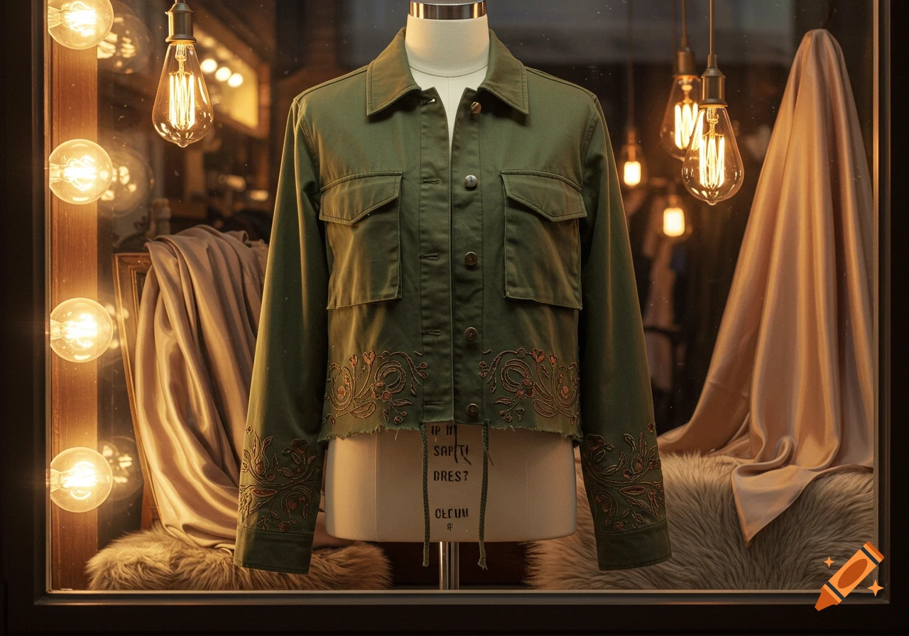 Green embroidered cargo jacket on a mannequin in a shop window with warm light bulbs.