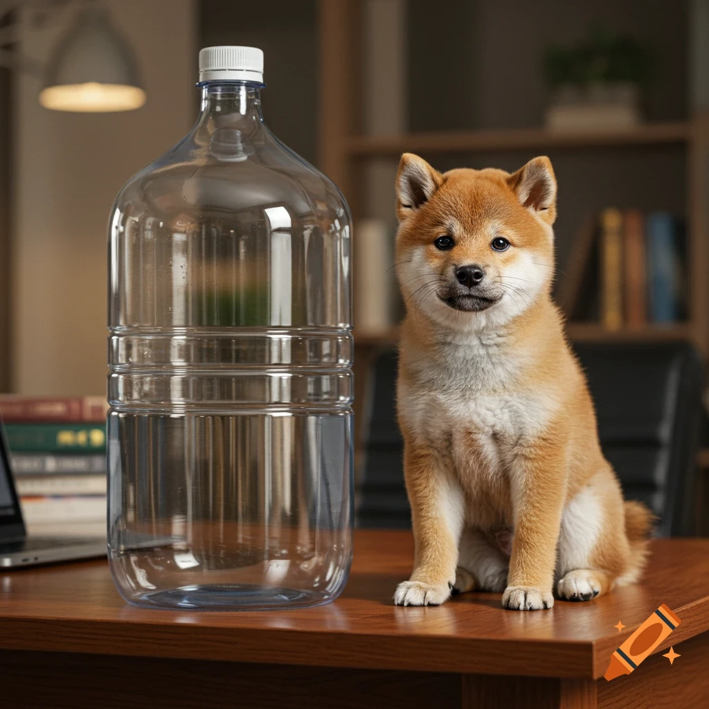 A small shiba inu puppy sits on a wooden desk next to an absurdly large clear plastic water bottle.
