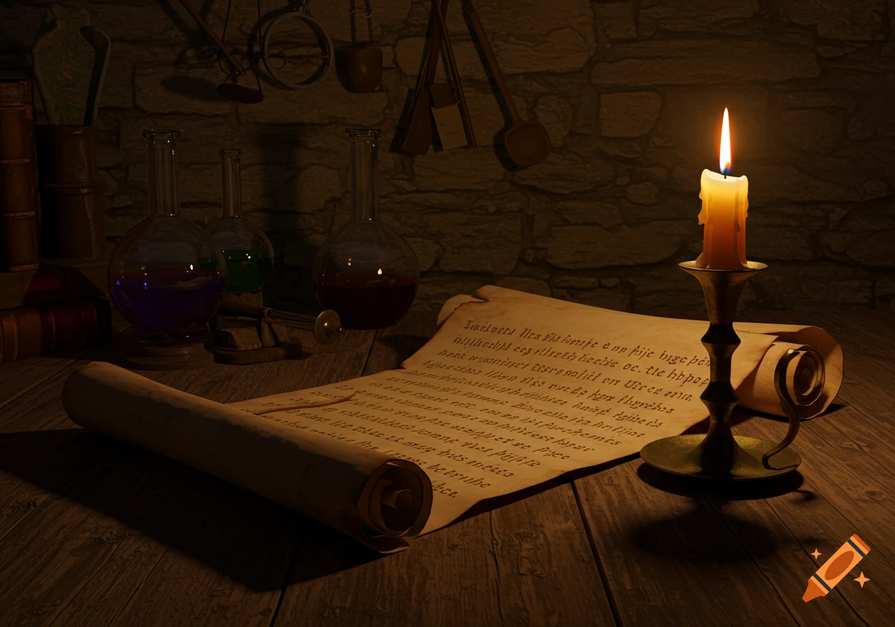 A dark, atmospheric scene of an open scroll and a lit candle on a wooden table, with potion bottles and alchemy tools in the background.