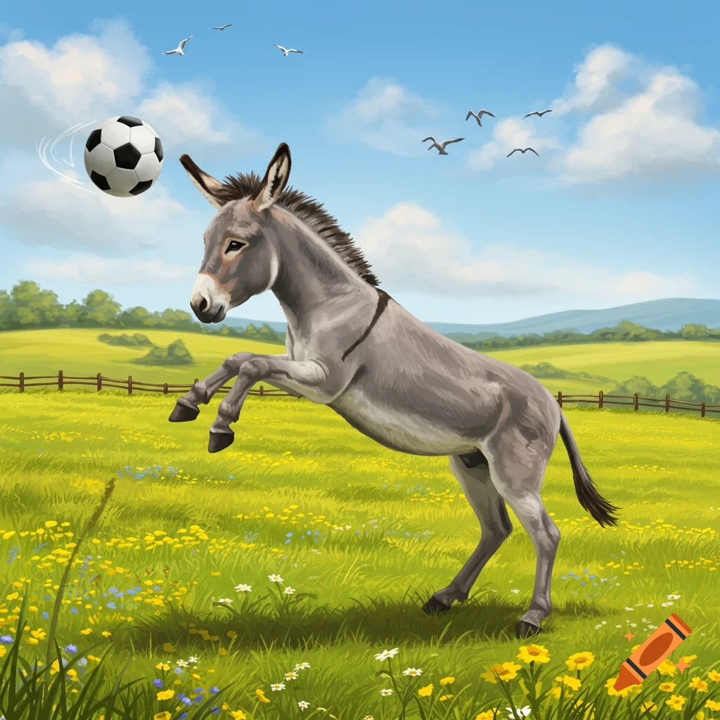 A grey donkey kicks a soccer ball in a green, flower-filled field under a blue sky with birds, in an illustrative style.