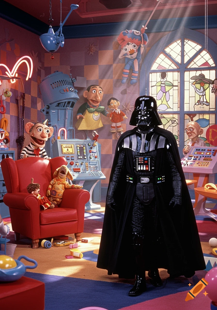 Darth Vader in a whimsical, colorful room filled with puppets and toys, reminiscent of Pee-wee's Playhouse.