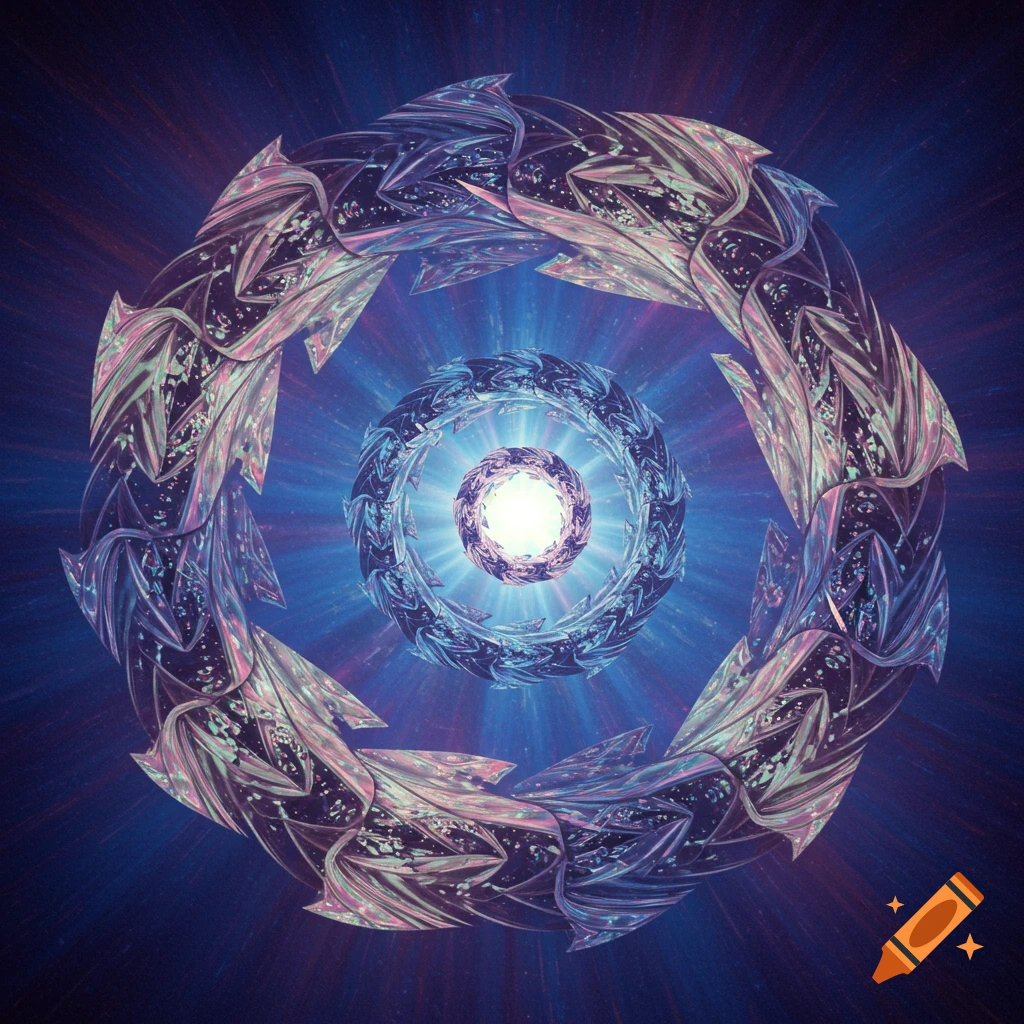Abstract glowing geometric spiral in blue and pink, resembling a cosmic vortex.
