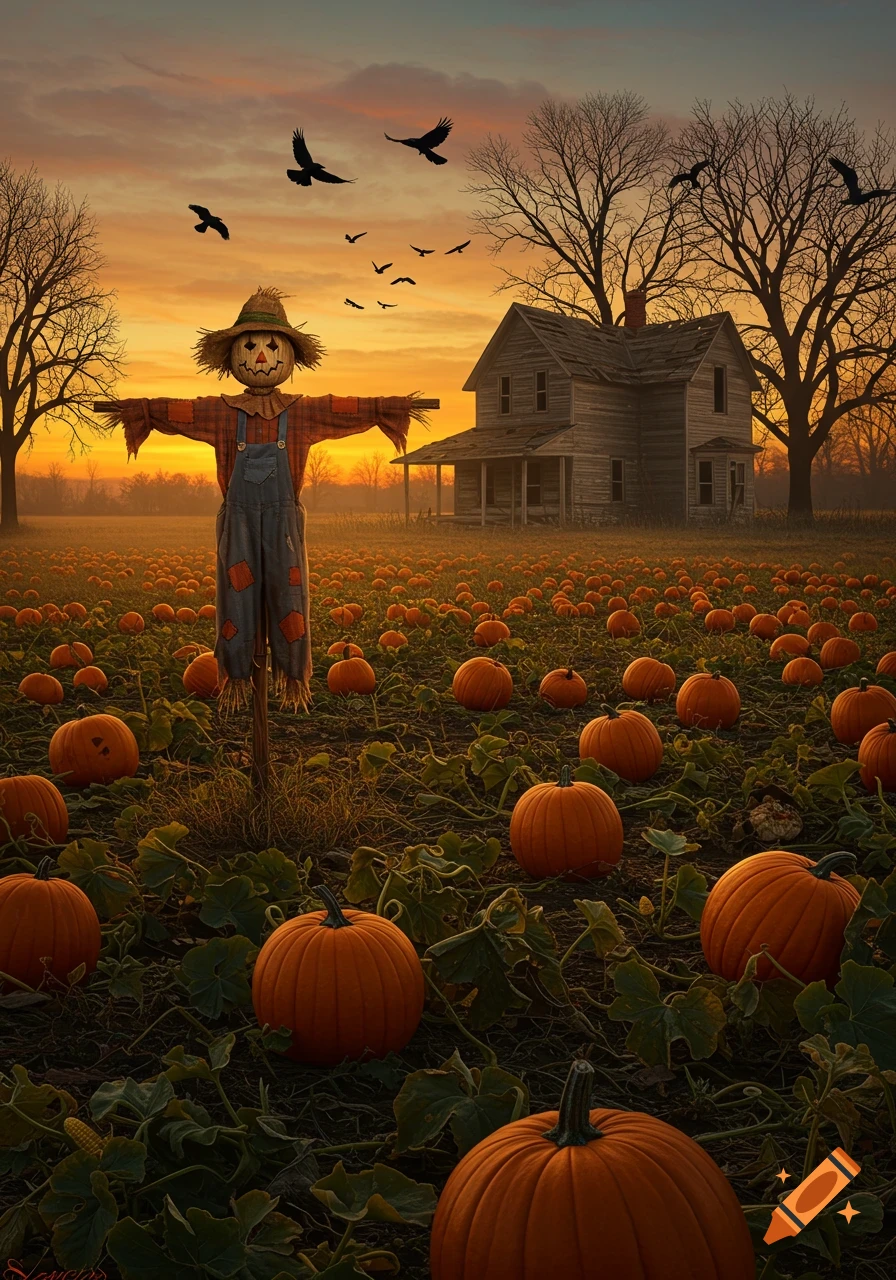 A scarecrow stands in a pumpkin patch with an old dilapidated farmhouse under an orange sunset sky and flying birds. Photorealistic.