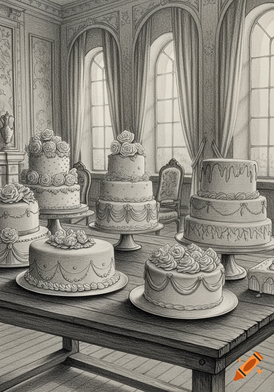 Pencil sketch of multiple ornate tiered cakes on a wooden table in a grand room with tall arched windows.