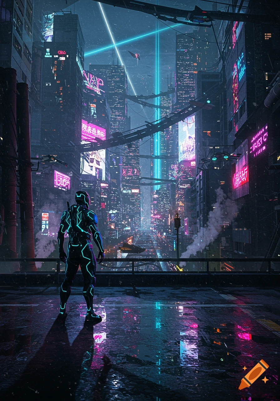 A person in a glowing blue and green suit stands on a wet rooftop, overlooking a neon-lit cyberpunk city at night with flying vehicles.