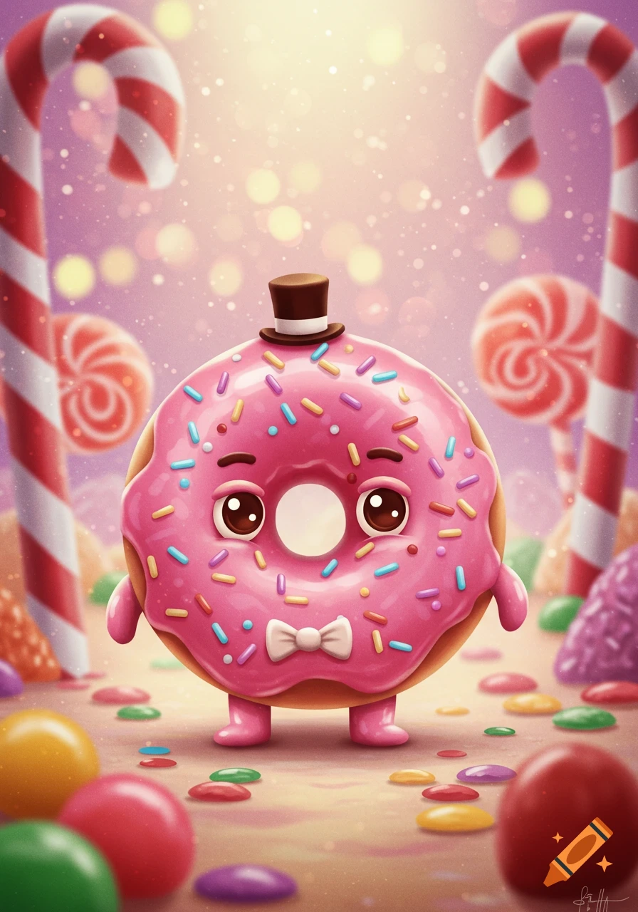 A cute, cartoon donut character with a top hat and bow tie stands in a vibrant candy land with lollipops and candy canes.