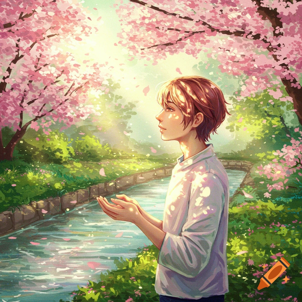 Anime-style illustration of a person with brown hair looking up, holding hands open, in a cherry blossom garden with a stream under soft sunlight.