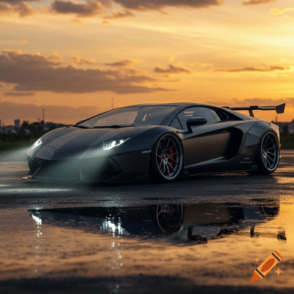 A dark Lamborghini sports car on a wet road, reflecting the vibrant orange and yellow sunset sky.