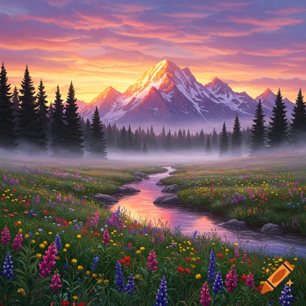 A vibrant sunrise illuminates snow-capped mountains over a meadow filled with colorful wildflowers and a winding stream.