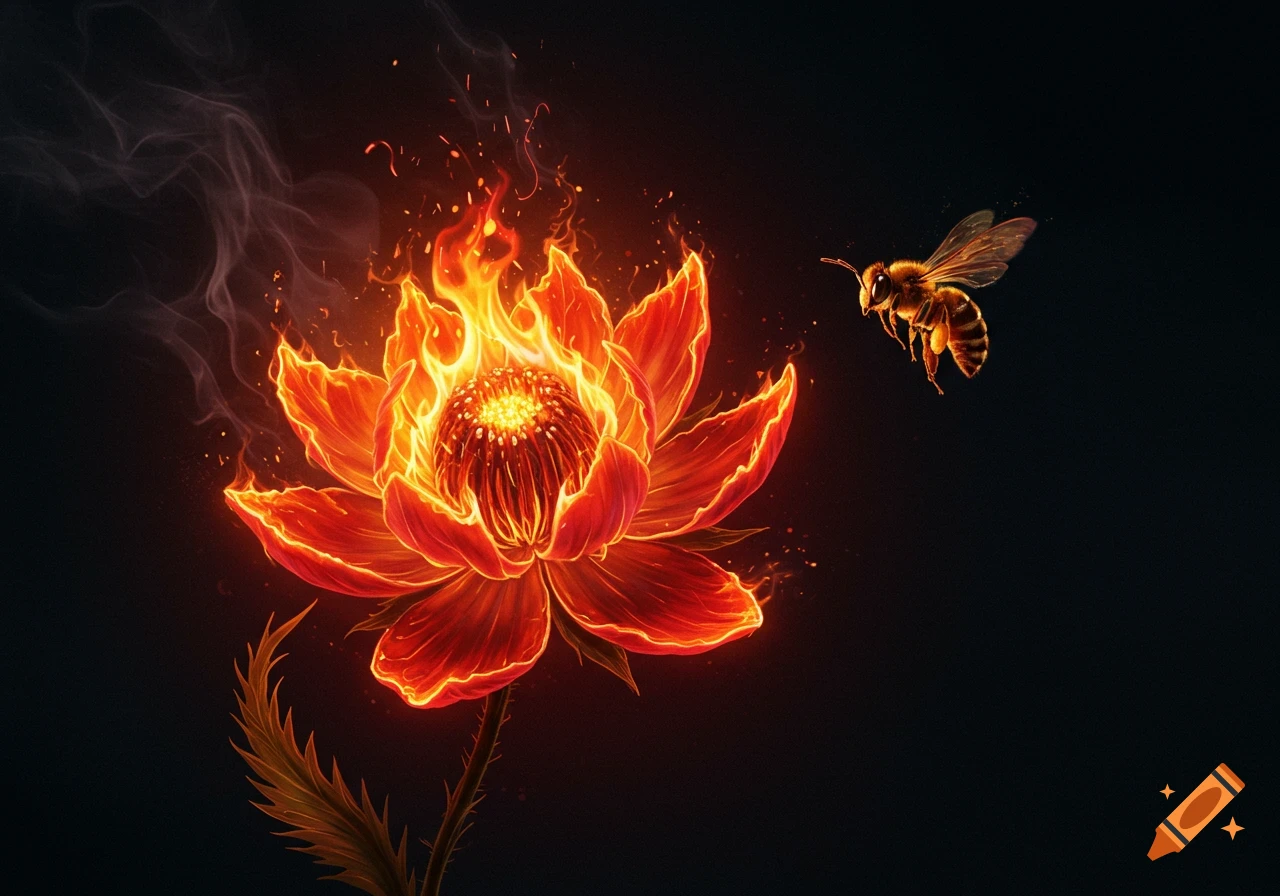 A vibrant red flower ablaze with orange flames and smoke, a honeybee hovers to the right against a dark background in a fantasy illustration.