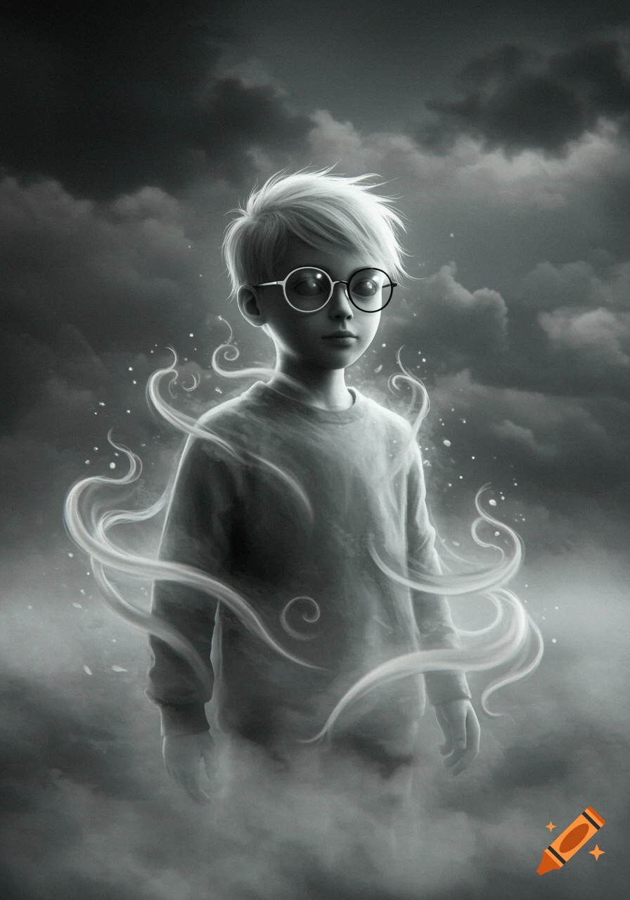 Grayscale illustration of a boy with white hair and mismatched glasses, surrounded by swirling mist.