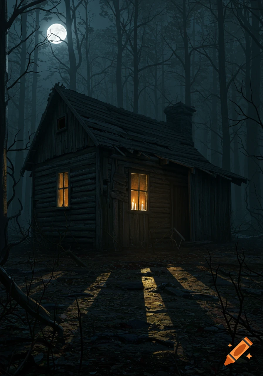 A dark, rundown wooden cabin with glowing windows sits in a spooky, moonlit forest, digital painting style.