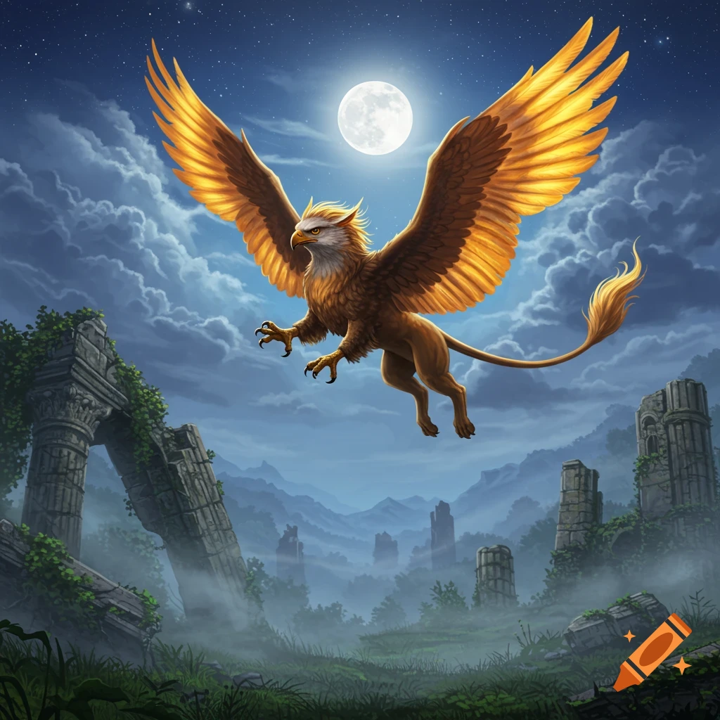 A majestic griffin with golden wings flies over ancient ruins under a bright full moon at night, in a fantasy art style.