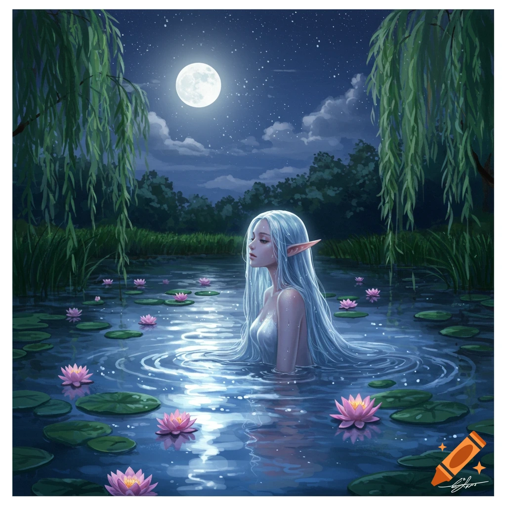 A pale nymph with long white hair rises from a moonlit pond with pink lily pads and willow trees, in a fantasy digital art style.