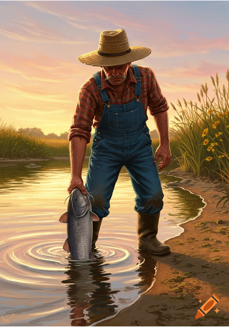 An illustrated man in a straw hat and overalls stands in a river at sunset, holding a large catfish.