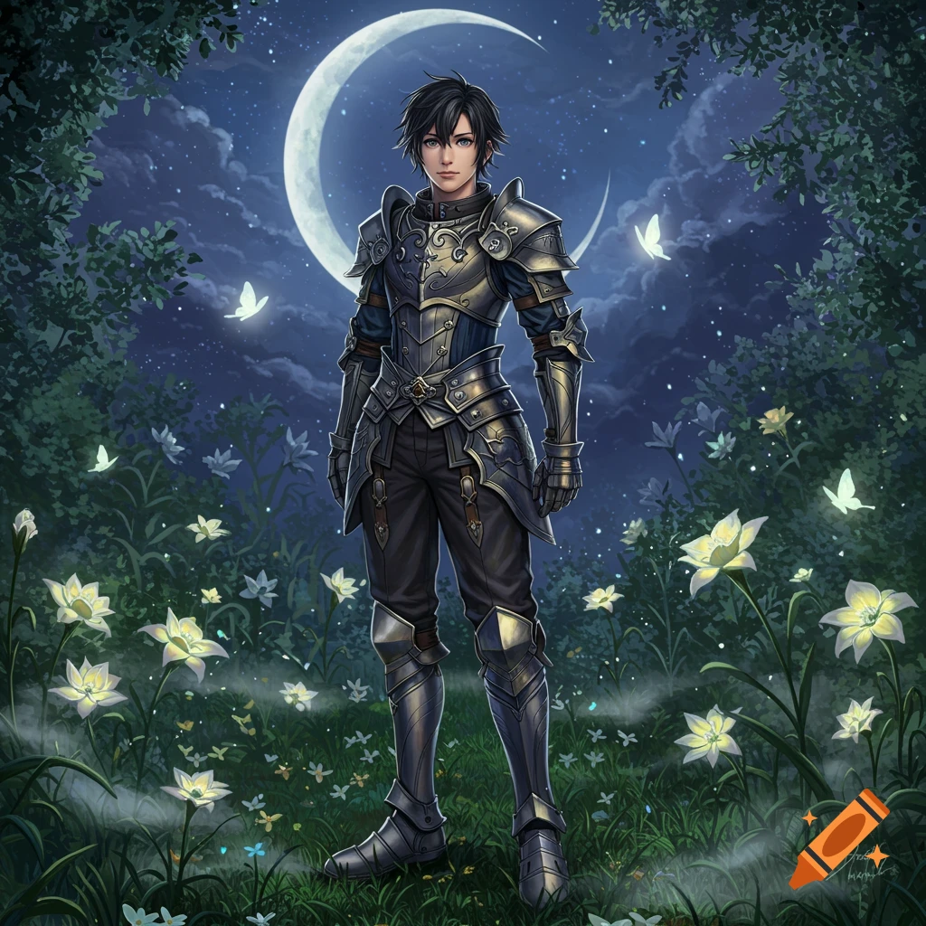 Anime-style young man in ornate armor stands in a moonlit fantasy forest with glowing flowers and butterflies.
