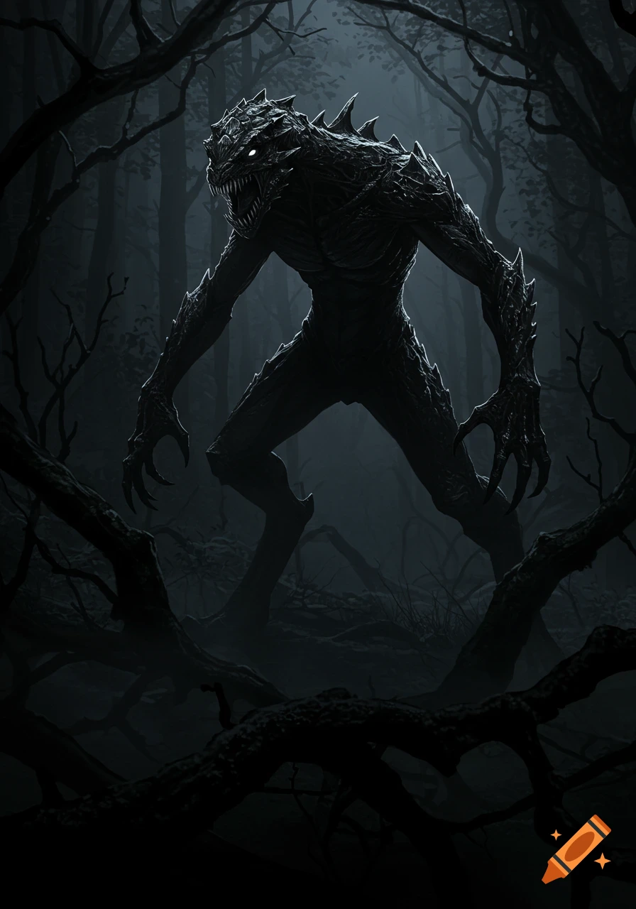 A terrifying dark reptilian monster with glowing eyes stands menacingly in a foggy, gnarled forest.