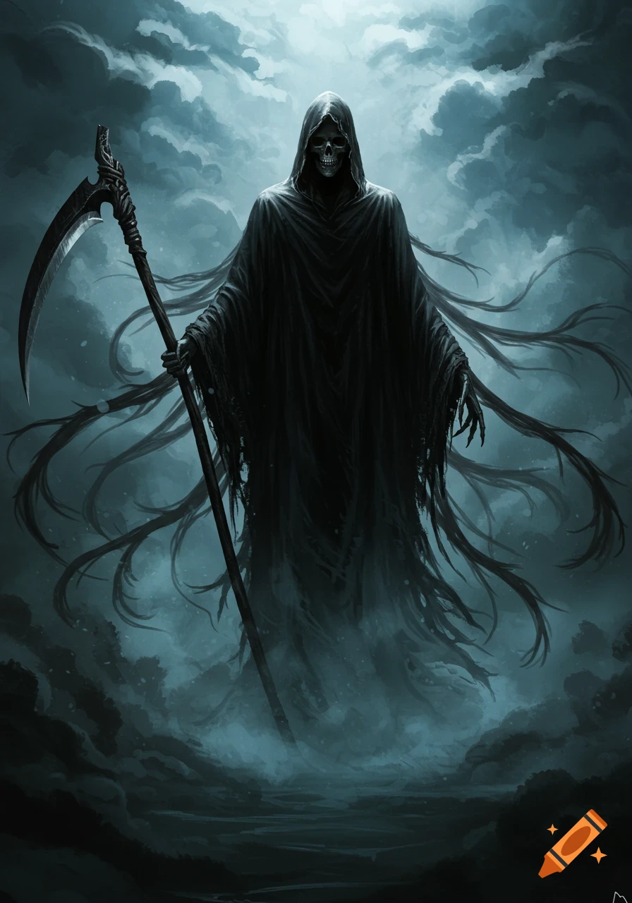 A dark, hooded Grim Reaper with a skeletal face holds a large scythe, emerging from swirling mist and clouds.