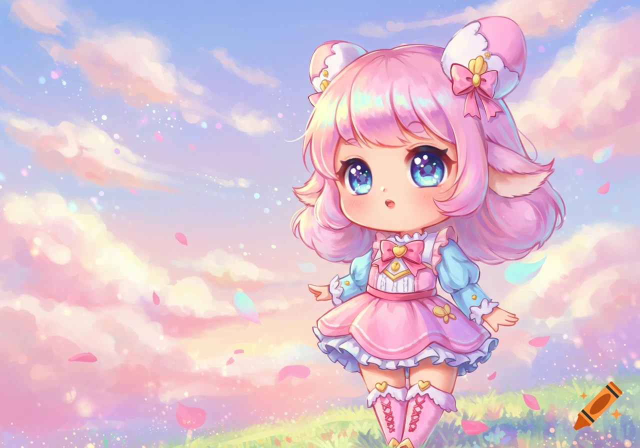 A cute chibi anime girl with pink hair and big blue eyes, wearing a pink dress, standing in a pastel field under a cloudy sky.