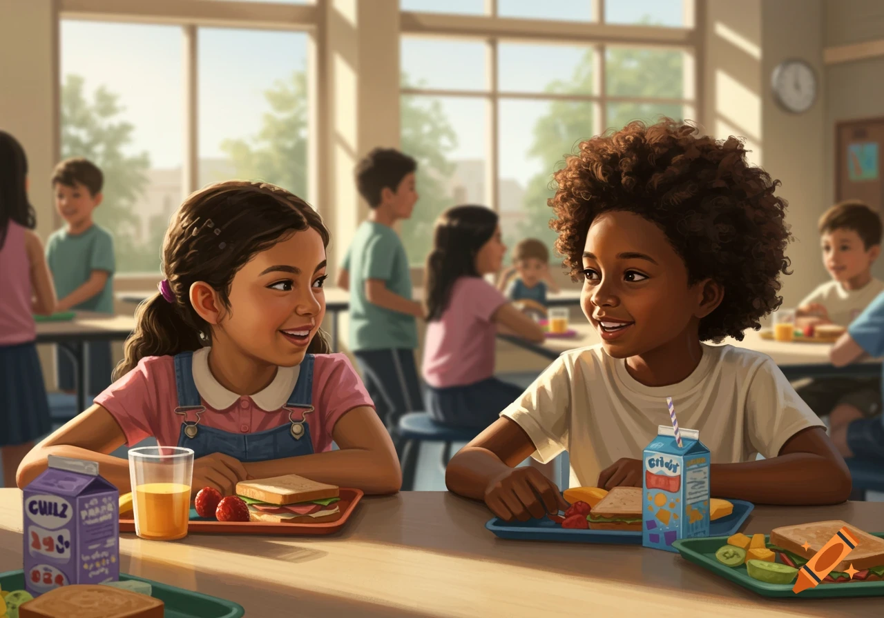 Two smiling children, a Black boy and a Hispanic girl, eat lunch with sandwiches and milk cartons in a bright school cafeteria.