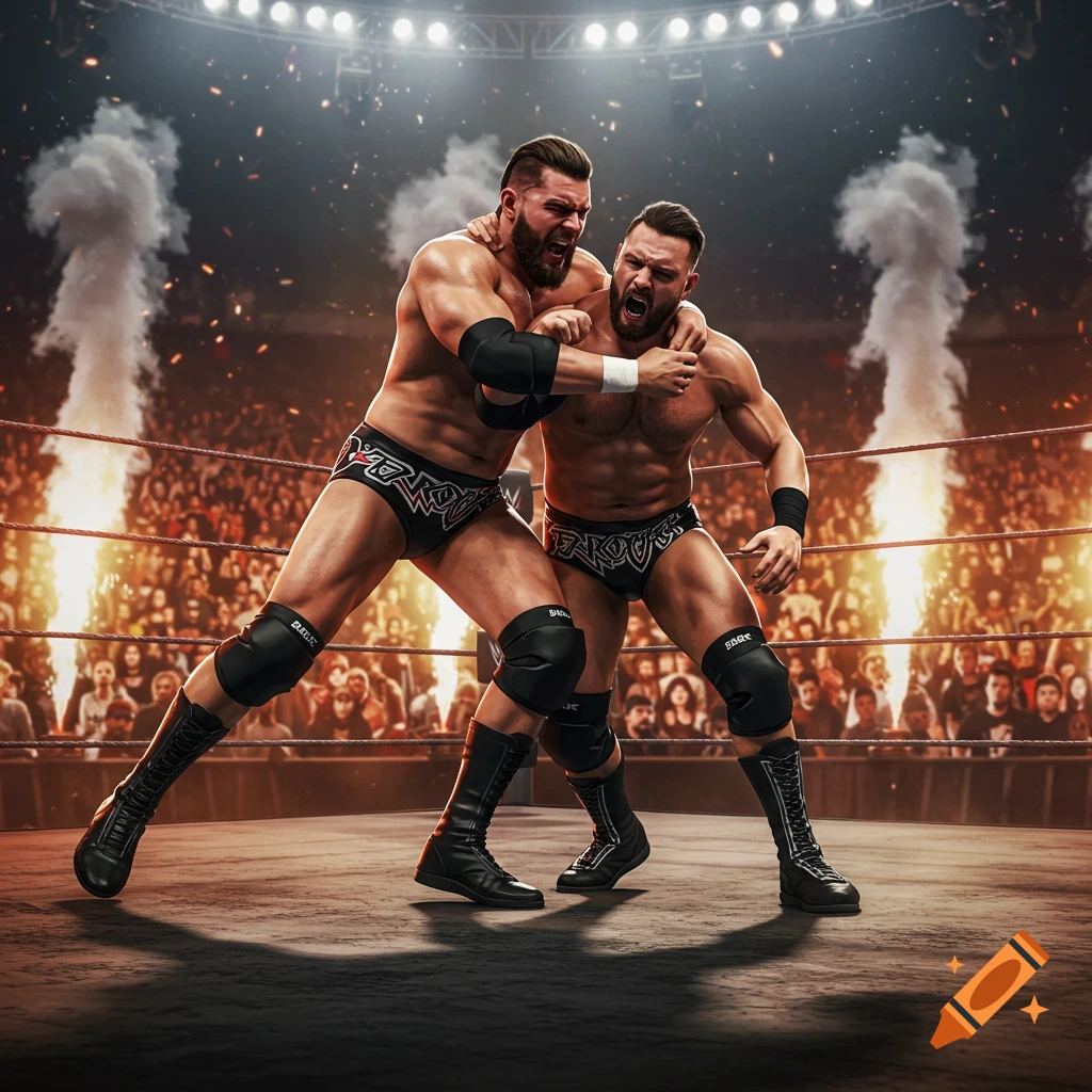 Two muscular male wrestlers grappling in a brightly lit arena with pyrotechnics and a cheering crowd.