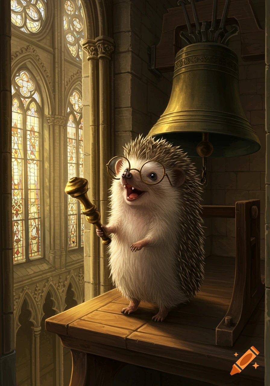 A delighted hedgehog wearing glasses rings a golden bell with a mallet in a gothic church clocktower with stained glass windows.