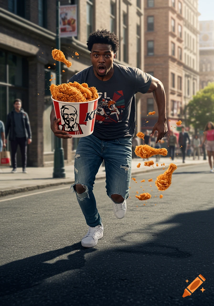 A man with a shocked expression runs down a city street, holding a bucket of KFC fried chicken with pieces flying out.