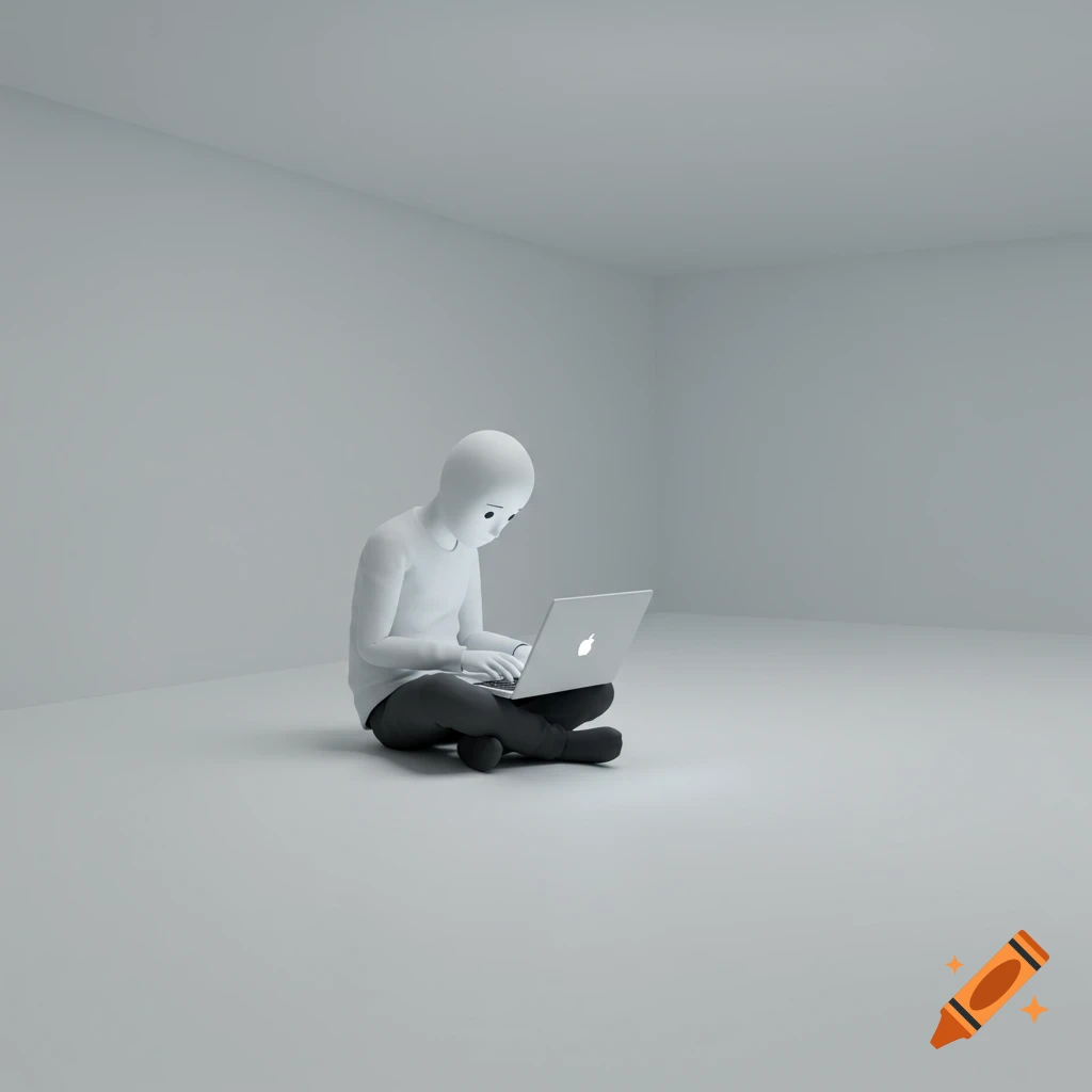A stylized white figure, resembling OMORI, sits cross-legged on a white floor in a minimalist white room, using a silver laptop.