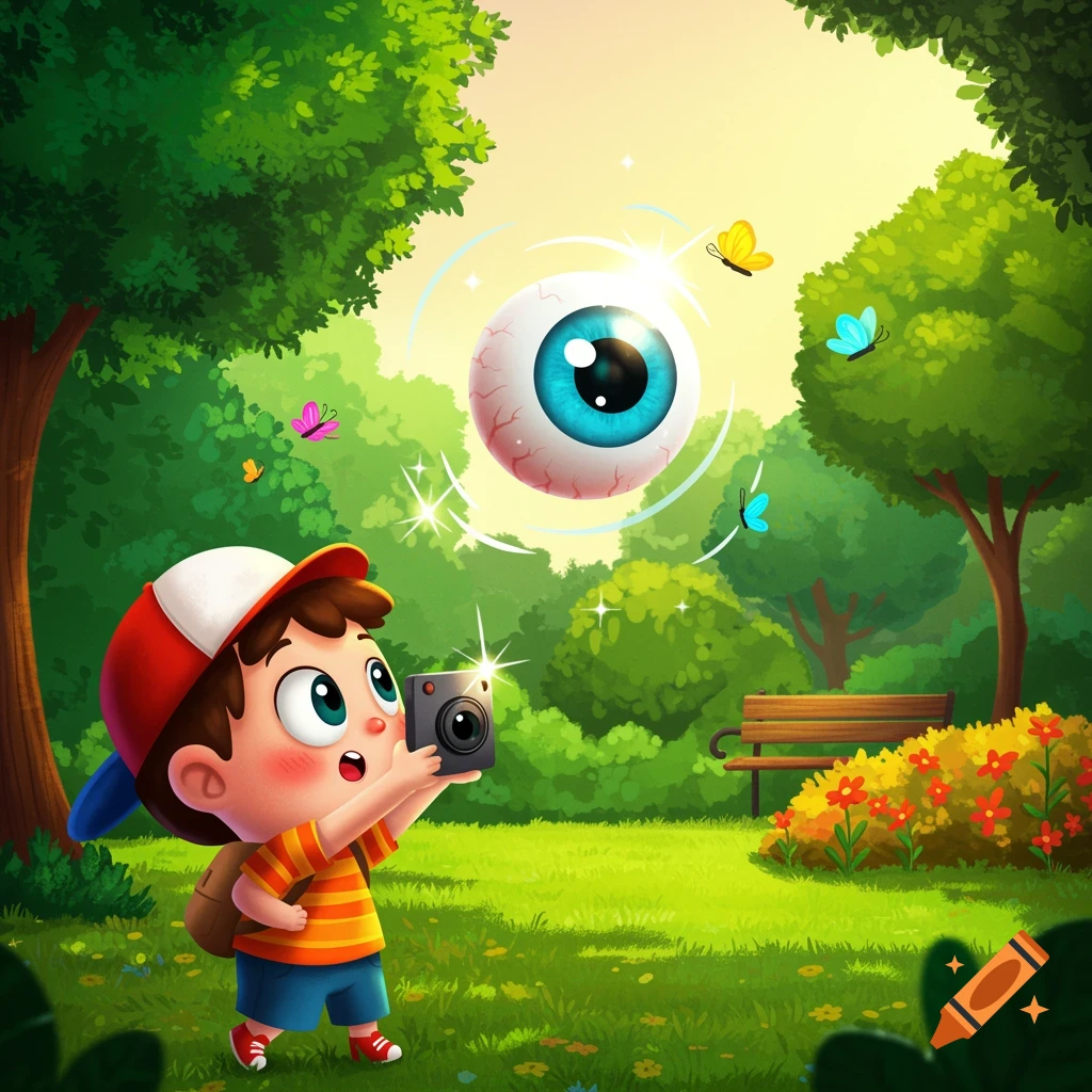 A whimsical cartoon illustration of a kid taking a photo of a glowing blue eyeball in a sunny park with butterflies.