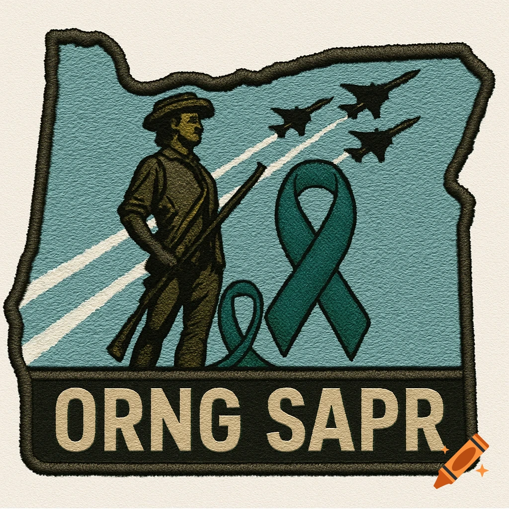Embroidered patch in the shape of Oregon with a colonial soldier, three jets, teal awareness ribbons, and 'ORNG SAPR' text.